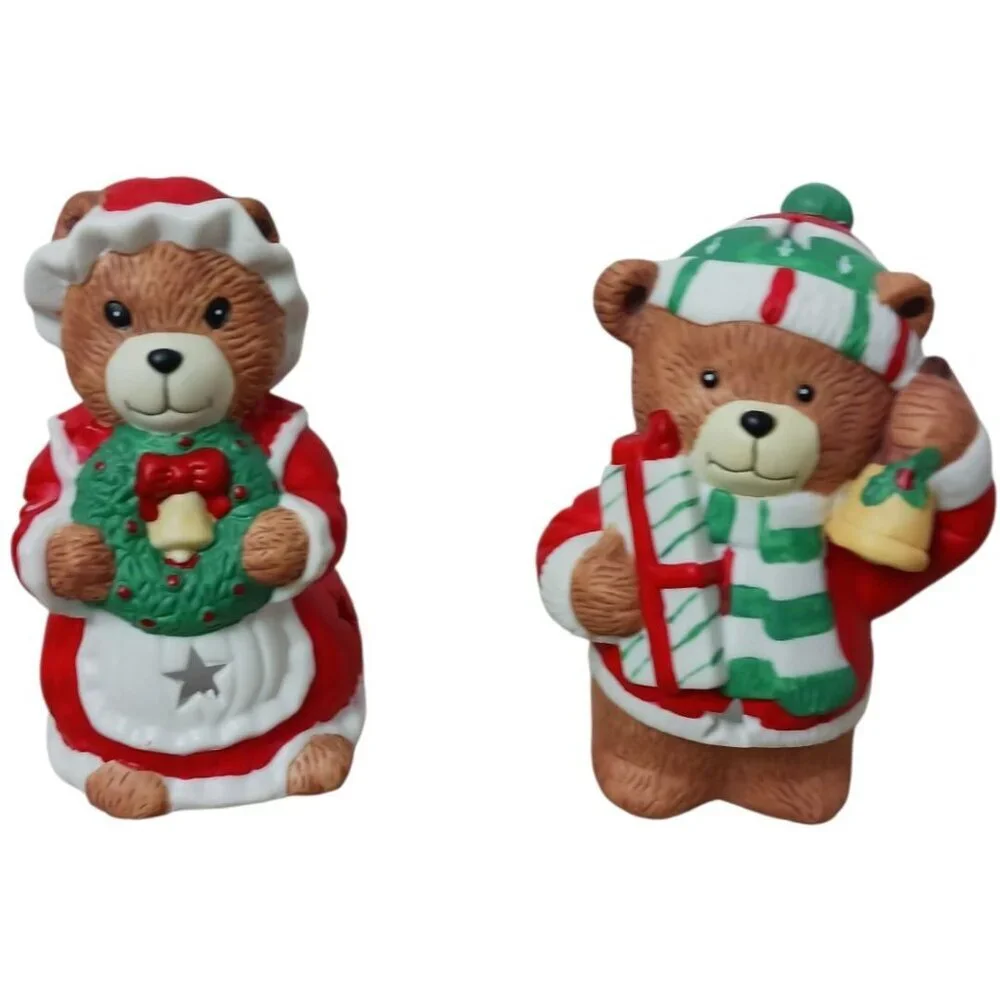 Vintage Christmas Bear Candle Holders Festive Holiday Decor Ceramic Multicolor